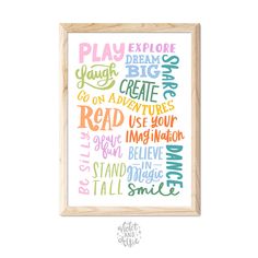 a framed poster with the words play explore laugh and learn to read in different languages