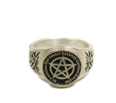 This ring was designed with the Satan's Invocation symbol. The beautiful pewter ring is a silver color and the background is blackened to bring out the fine detail of the design. Our rings are 100% Lead and nickel free pewter and made in the USA The top design part of the ring measures about 15 mm in diameter The ring band tapers from about 15mm to about 4.5mm at the bottom and is about 1.75mm thick Rings are available in sizes 7 to 14 Gothic Antique Silver Sterling Silver Rings, Pinky Finger Ring, Thick Rings, Pewter Ring, Thick Ring, Three Rings, Star Ring, Southwestern Style, One Ring