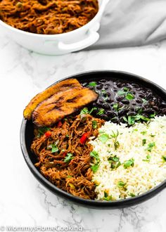 a bowl filled with rice and meat next to another bowl full of beans, rice and other food