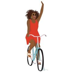 a woman in a red dress is riding a blue bicycle and waving to the side