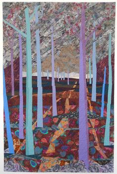 an abstract painting of trees with purple and blue strips on the branches, in front of a mountain