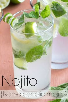 two glasses filled with mojito, lime and mint