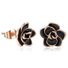 Rose Gold Black Diamond, Dainty Rose, Black Diamond Earrings, Rose Stud Earrings, Black Stud Earrings, Flower Earring, Women Flower, Women Rising, Hypoallergenic Jewelry