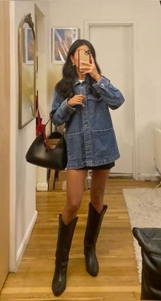 Uni outfits, fall 2024, fall fits, fall outfit aesthetic, fall fashion, fall shoes, fall outfits 2024, fall 2024 outfits,  fall outfits, fall aesthetic, school outfits, autumn aesthetic, fall, uggs outfit, late summer outfits, autumn outfit, autumn outfits, winter outfits, women’s style, women’s fashion, women’s outfit, fall trends, 2024 trends, outfit Inso, outfit ideas,knee high boots, rider boots, mini skirt, denim jacket Outfits With High Black Boots, Casual Tall Boots Outfit, Black Tecovas Outfit, Black Boots Spring Outfit, Black Cowboy Boots Outfit Fall 2023, Winter Outfit With Cowboy Boots, High Neck Outfits Women, Black Knee High Cowboy Boots Outfit, Chelsea Cutler Concert Outfit