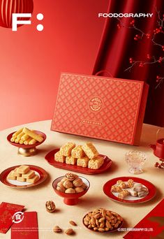 a table topped with plates filled with food next to a red box on top of a table