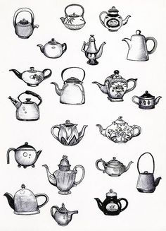 black and white drawing of various teapots