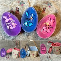 four pictures of easter eggs with bunny ears and name on them, one has an egg in the shape of a rabbit's head