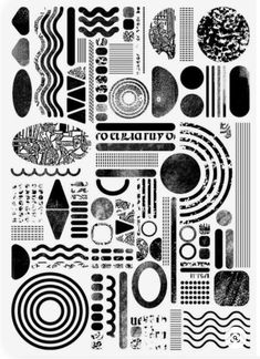 black and white abstract art work with circles, lines, shapes, and other objects