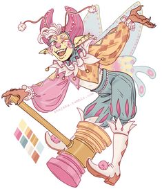 a drawing of a fairy holding a hammer and wearing blue pants with pink hair, in front of a white background