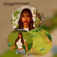 a girl with long brown hair is shown in three circles and has the words, jungle preset