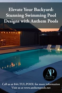 a swimming pool with lights around it and the words, elevate your backyard stunning swimming