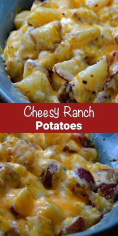 cheesy ranch potato casserole in a blue dish with text overlay