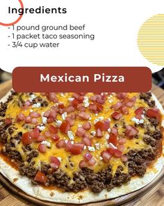 mexican pizza with ingredients displayed on wooden table