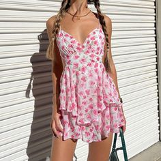 Size Reference Bodycon Dress Model Show Dress For Women Real Photo Vestido Feminino Details Mini Dresses Frill Mini Dress, Beach Mini Dress, Floral Print Chiffon, Mini Dress Fashion, Mini Sundress, Pink Gowns, Dress Stores Online, Mini Dresses For Women, Sweet Floral