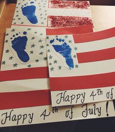 two hand and foot prints are on the fourth of july greeting cards with red white and blue stars