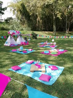 an outdoor party with pink, blue and white decorations on the grass in front of trees