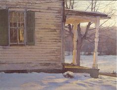 a painting of an old house with snow on the ground