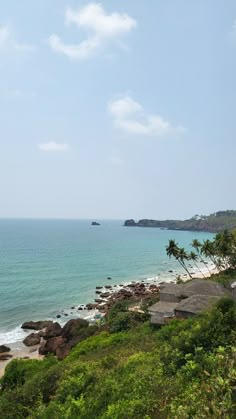 the beach is next to some trees and water