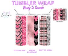 the tumbler wrap is ready to transfer with pink hearts and black checkered patterns