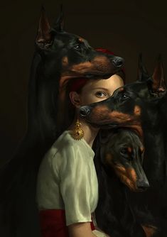 a painting of a woman with three dogs on her shoulders and one dog's head wrapped around her neck