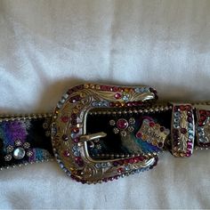 This Belt Is In Perfect Condition. My Mother Purchased This Belt In The Early 2000s. It Measures 40” Total. The Actual Leather Part Of The Belt Is 37”. The Buckle Is 3.5” X 4” Simon Bb Belt, Bb Simon Belt Aesthetic, Chunky Belts 2000s, Bedazzled Belt Y2k, Y2k Rhinestone Belt, Early 2000’s, Early 2000s, Pink Blue, Buckle