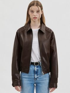 Editor's Notes The cropped bomber jacket is made of faux leather and voluminous semi-oversized fit. - Round shoulder shape- Back pleats to allow easy movement- Simple, casual designMeasurements(in.)ONE SIZE- Length: 22.04 in. - Shoulder: 18.11 in. - Chest: 21.25 in. - Sleeve: 22.83 in. - Armhole: 8.66 in. Composition & Care- Shell: 100% Polyurethane / Lining: 100% PolyesterDesigner- by doffsept Movie Fashion Outfits, Leather Jacket Style, Cropped Leather Jacket, Leather Jacket Outfits, Fall Capsule Wardrobe, W Concept, Fashion Mistakes, Brown Leather Jacket, 10 Pounds