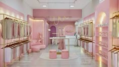 the interior of a store with pink walls and furniture