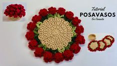 a crocheted flower arrangement is displayed on a white surface with red and green trimmings