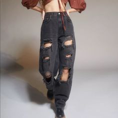 Features - Loose, Straight Leg - Full Length That Hits Below The Ankle - Zip Fly; 5-Pocket Styling Size & Fit - High Rise - Straight Leg - Full Length Ripped Black Jeans Wide Leg, Cheap Edgy Bottoms For Alternative Fashion, Cheap Edgy Medium Wash Jeans, Cheap Edgy Washed Black Jeans, Black Tipped Jeans, Edgy Mid-rise Jeans At Affordable Prices, Mom Jeans Ripped Black, Cheap Punk Bottoms For Fall, Faded Black High Waisted Jeans