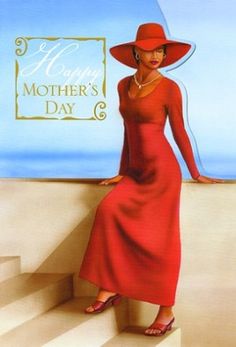 a painting of a woman in a red dress and hat standing on steps with the ocean behind her