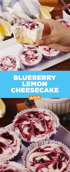 blueberry lemon cheesecake on a plate being held up by someone's hand