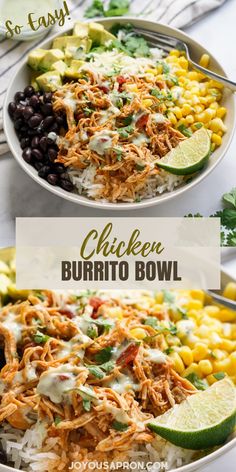 chicken burrito bowl with black beans, corn and avocado on the side