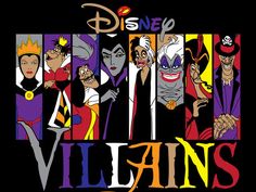 an image of disney characters in different colors and sizes on a black background with text