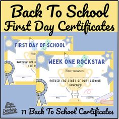 back to school certificate for first day of school with stars and ribbons on the front