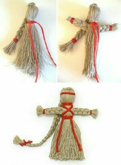 three different pictures of an object made out of rope and yarn with red string on the ends