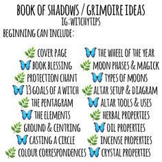 Tips for Witches Everywhere! ✨ on Instagram: “🦋 Book of Shadows / Grimoire 🌿 In my personal opinion, these topics are what your first pages in your BOS should include! This is also a…” Good Candles, Types Of Witches, The Book Of Shadows, Book Of Shadows Grimoire, Green Witchcraft, Witchcraft Books, Grimoire Book, Witches Altar, Wiccan Witch