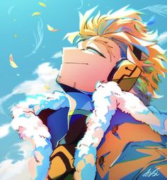 an anime character with blonde hair and blue eyes is looking up at the sky while holding his hands to his face