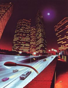 the city is lit up at night with cars driving on the road and skyscrapers in the background