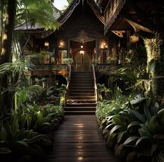 a house in the jungle with lots of greenery and stairs leading up to it