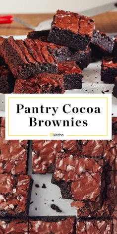 chocolate brownies stacked on top of each other with text overlay that reads pantry cocoa brownies