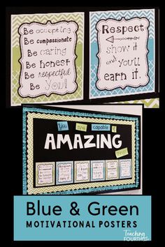 blue and green motivation posters with words on them