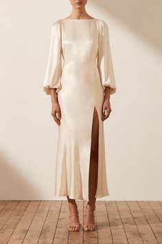 Cream Dress Sleeve, Cream Modest Bridesmaid Dresses, Cream Satin Dress Long Sleeve, Luxury Cream Gown For Festive Occasions, Cream Long Sleeve Silk Dress, Longsleeve Midi Wedding Dress, Cream Midi Length Dinner Dress, Shona Joy La Lune, Shona Joy Dress