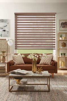 a living room filled with furniture and a window covered in roman blind shades on the windowsill