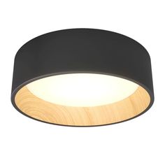 a black and wooden light fixture on a white background with wood grain in the center