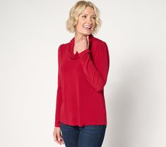 Update your everyday basics with this cute cowl-neck top, designed in smooth Liquid Knit® to give you plenty of movement. From Susan Graver. Red Cowl Neck Top, Stretch Solid Color Cowl Neck Top, Red Cowl Neck Sweater, Susan Graver, Cowl Neck Long Sleeve, Cowl Neck Top, Everyday Basics, Knit Cowl, Cowl Neck