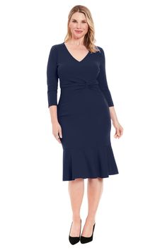 Introducing Bessie, a stunning midi dress crafted from luxurious scuba crepe. This elegant piece features a flattering V-neckline, 3/4 sleeves, and a unique twist detail at the waist that accentuates your silhouette. The flounce hem adds a touch of playful sophistication. Perfect for weddings, cocktail parties, or upscale dinners. Pair with statement earrings and heels for a show-stopping look. Side Twist, Scuba Knit, Social Dresses, Weekend Dresses, Garden Dress, Illusion Dress, Daytime Dresses, Cocktail Parties, Maggy London