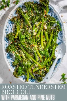 Roasted tenderstem broccoli on an oval plate with toasted pine nuts and parmesan. Tenderstem Broccoli Recipe, Pine Nut Recipes, Tenderstem Broccoli, Grilling Kabobs, Salad Chicken, Pasta Sides, Holiday Meals, Favorite Chicken, Broccoli Recipes