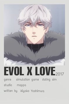 an anime character with white hair and gray eyes, in front of a poster that reads evl x love