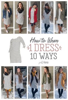 How to wear 1 striped dress 10 different ways! This black and white striped dress can be worn & styled so many ways. This dress is easy to wear all year long for each season and perfect for a capsule wardrobe. This is easy to dress up or down, for a wear to work outfit or for a teacher outfit! Mode Ab 50, Winter Dress Outfits, Legging Outfits, Long Sleeve Knit Dress, Clothing Hacks