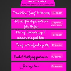 a pink and black poster with the words party on it's side, in different languages